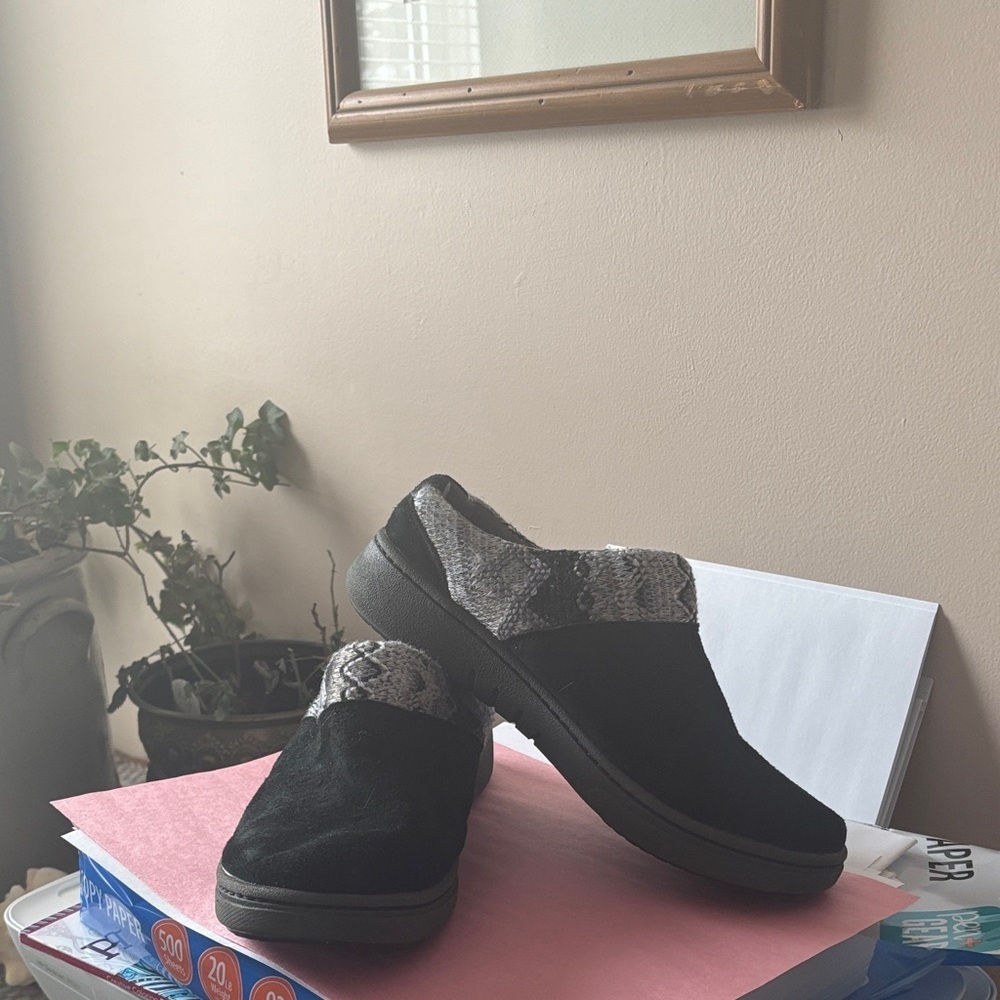 Dansko Black and Gray Snake Print Mules